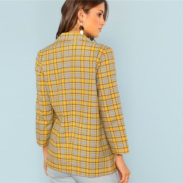 Yellow Notch Collar Pocket Front Plaid Longline Highstreet Blazer