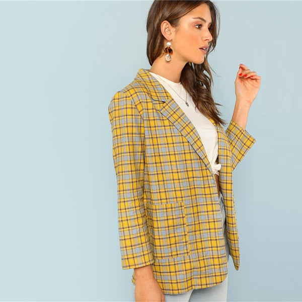 Yellow Notch Collar Pocket Front Plaid Longline Highstreet Blazer