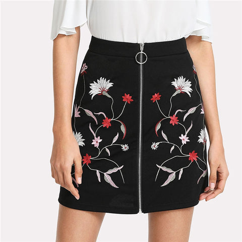 Botanical Flower Embroidery Zipper Up Skirt