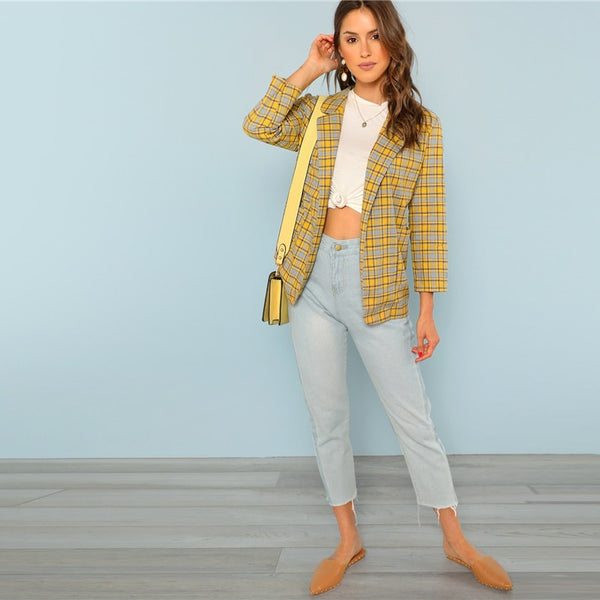 Yellow Notch Collar Pocket Front Plaid Longline Highstreet Blazer