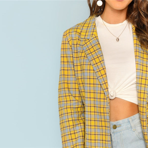 Yellow Notch Collar Pocket Front Plaid Longline Highstreet Blazer