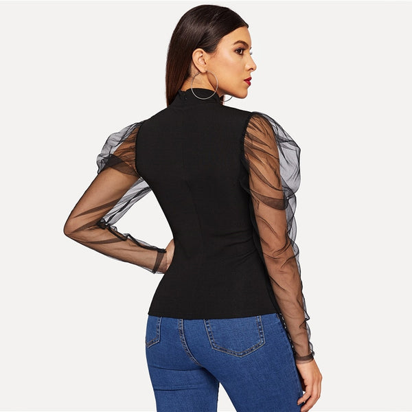 Black Mesh Gigot High Neck Fitted T-Shirt