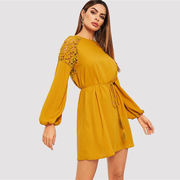 Bohemian Ginger Slit Back Lantern Raglan Lace Insert Dress