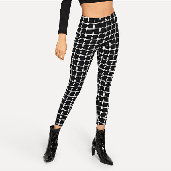 Black Wide Waist Plaid Skinny Legging