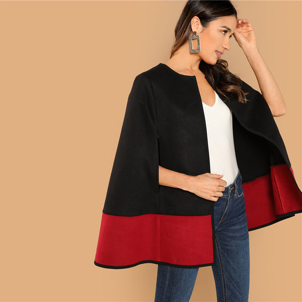 Black Round Neck Two Tone Open Front Cloak Sleeve Blazer