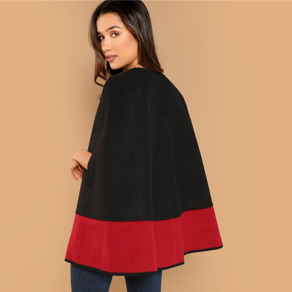 Black Round Neck Two Tone Open Front Cloak Sleeve Blazer