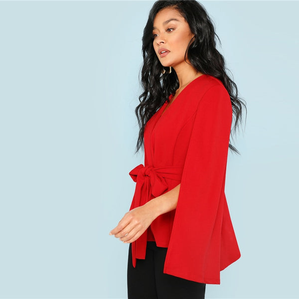 Red Open Placket Deep V-Neck Cloak Sleeve Solid Blazer