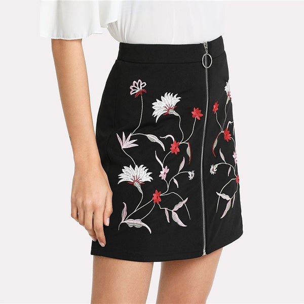 Botanical Flower Embroidery Zipper Up Skirt