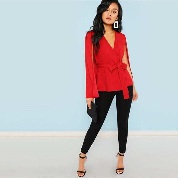 Red Open Placket Deep V-Neck Cloak Sleeve Solid Blazer
