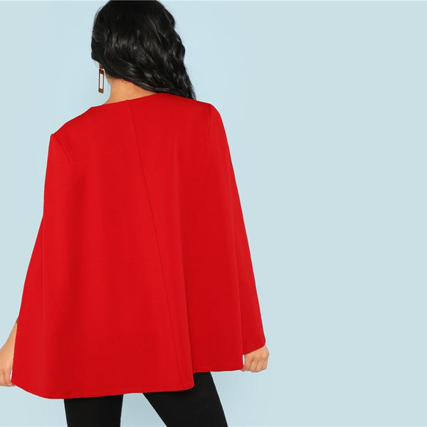 Red Open Placket Deep V-Neck Cloak Sleeve Solid Blazer
