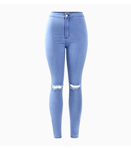 High Waisted Stretch Ripped Knees Skinny Denim Jean Pants