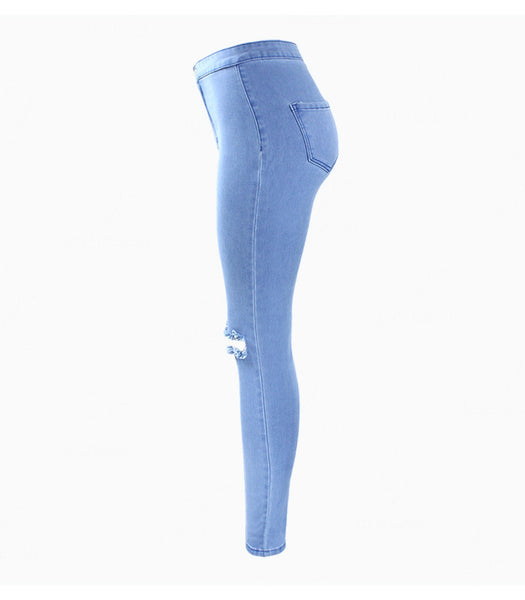High Waisted Stretch Ripped Knees Skinny Denim Jean Pants