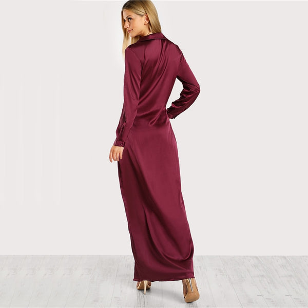 Burgundy Sexy Deep V Neck Wrap Lapel Long Sleeve Shirt Dress