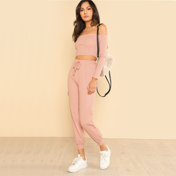 Pink Off The Shoulder Crop Bardot And Drawstring Pant