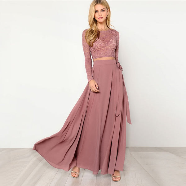 Pink Crop Lace Knot Round Neck Long Sleeve And Skirt