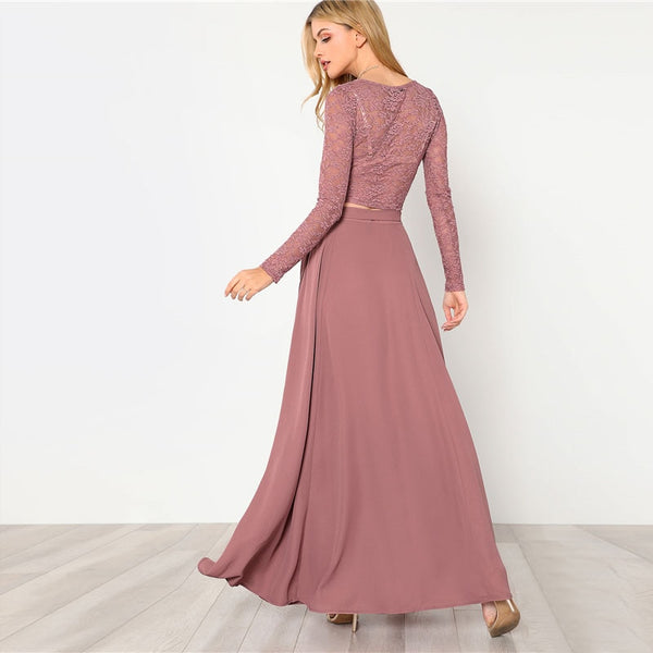 Pink Crop Lace Knot Round Neck Long Sleeve And Skirt