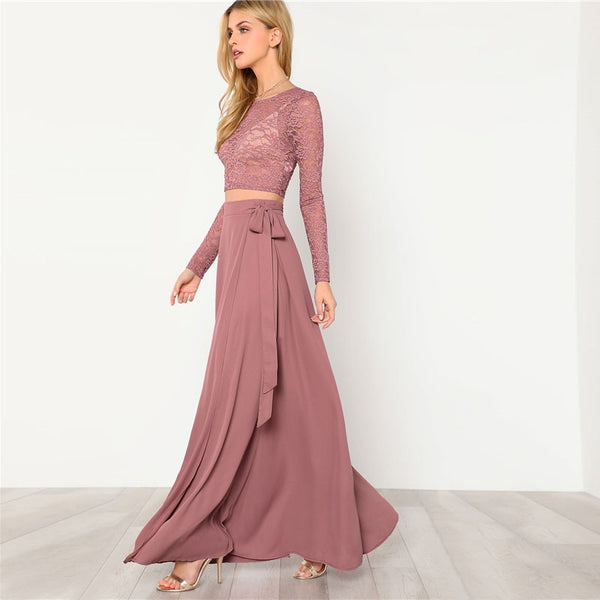Pink Crop Lace Knot Round Neck Long Sleeve And Skirt