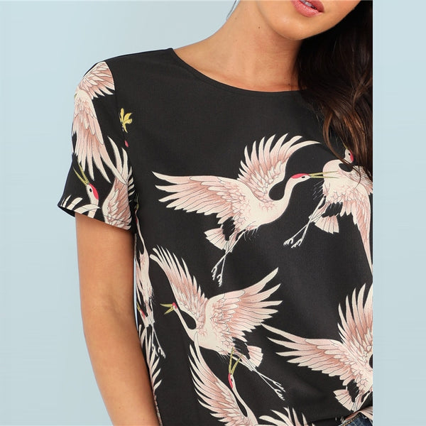 Red-Crowned Crane Print Round Neck Short Sleeve Blouse