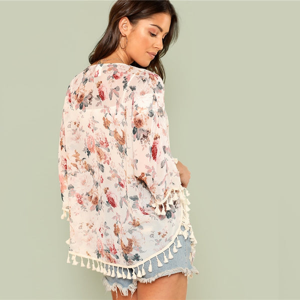 Flower Print Tassel V-Neck Length Sleeve Blouse