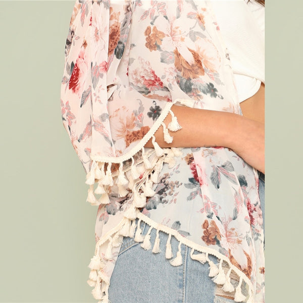 Flower Print Tassel V-Neck Length Sleeve Blouse