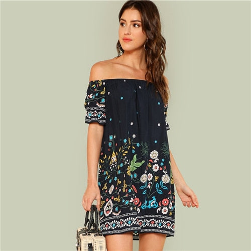 Floral Bohemian Tribal Print Off the Shoulder Bardot Dress