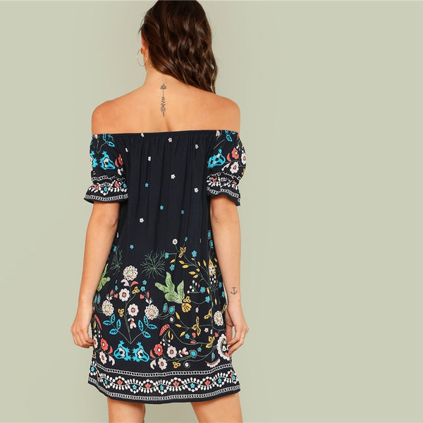 Floral Bohemian Tribal Print Off the Shoulder Bardot Dress