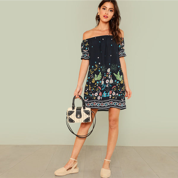 Floral Bohemian Tribal Print Off the Shoulder Bardot Dress