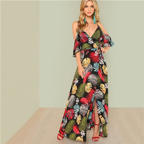 Boho Floral Print Deep V Neck Open Shoulder Maxi Dress