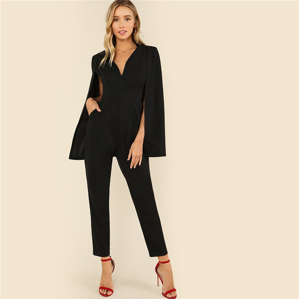 Black Wrap Plunging V Neck Cloak Maxi Jumpsuit