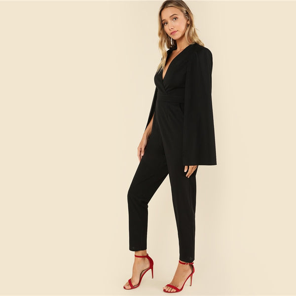 Black Wrap Plunging V Neck Cloak Maxi Jumpsuit