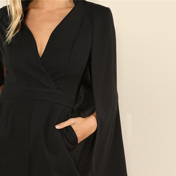 Black Wrap Plunging V Neck Cloak Maxi Jumpsuit