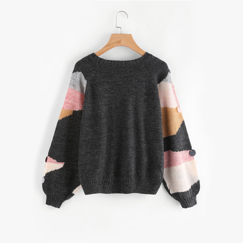 Sequin Decoration Contrast Round Neck Casual Sweater