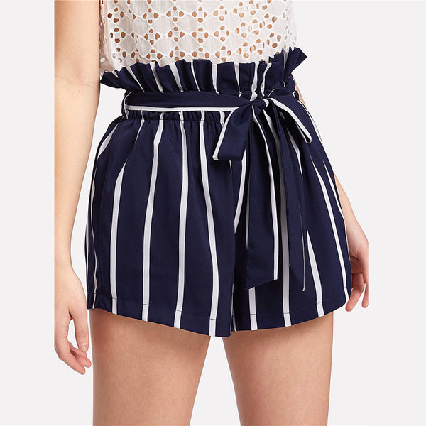Navy Belted Ruffle Waist Striped Short