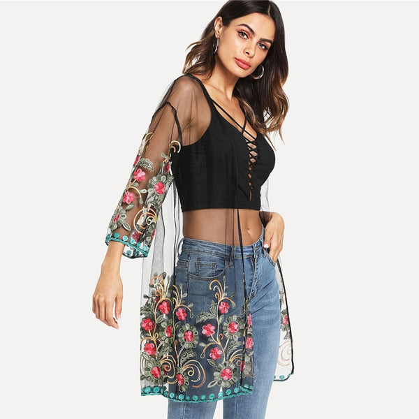 Flower Embroidered Mesh Long Sleeve Plain Kimono