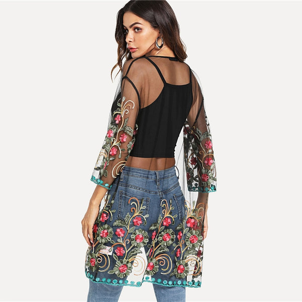 Flower Embroidered Mesh Long Sleeve Plain Kimono