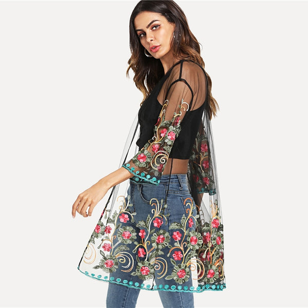 Flower Embroidered Mesh Long Sleeve Plain Kimono