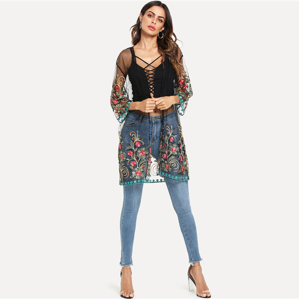 Flower Embroidered Mesh Long Sleeve Plain Kimono