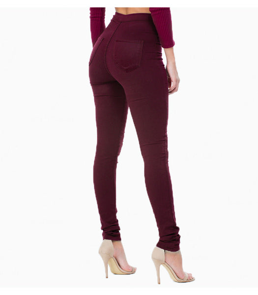 Burgundy Elastic Skinny Pencil High Waisted Denim Jean Pants