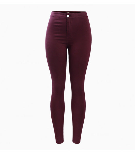 Burgundy Elastic Skinny Pencil High Waisted Denim Jean Pants