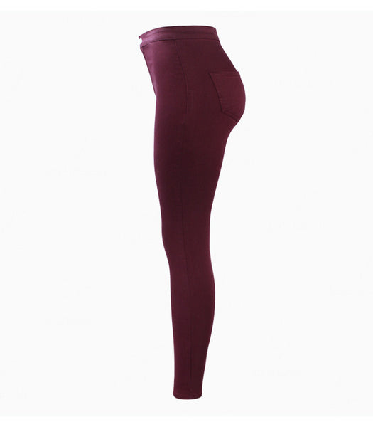 Burgundy Elastic Skinny Pencil High Waisted Denim Jean Pants