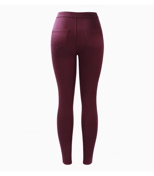 Burgundy Elastic Skinny Pencil High Waisted Denim Jean Pants