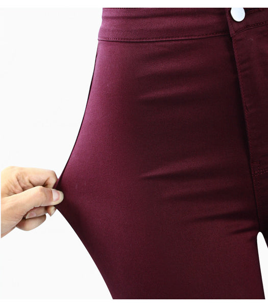 Burgundy Elastic Skinny Pencil High Waisted Denim Jean Pants