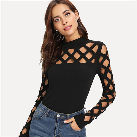 Black Square Cutout Shoulder Fitted T-Shirt