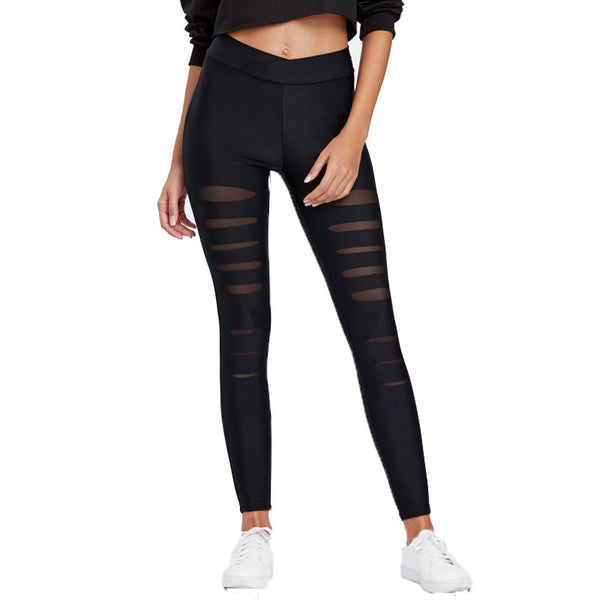Black Mesh Insert Ripped Solid Legging