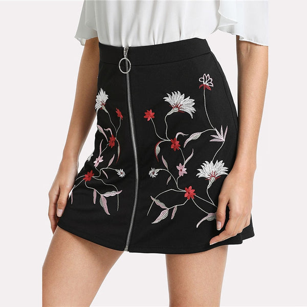 Botanical Flower Embroidery Zipper Up Skirt