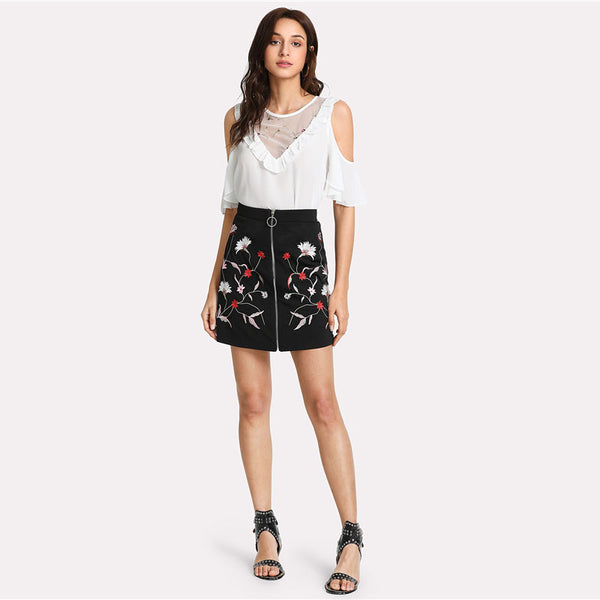 Botanical Flower Embroidery Zipper Up Skirt