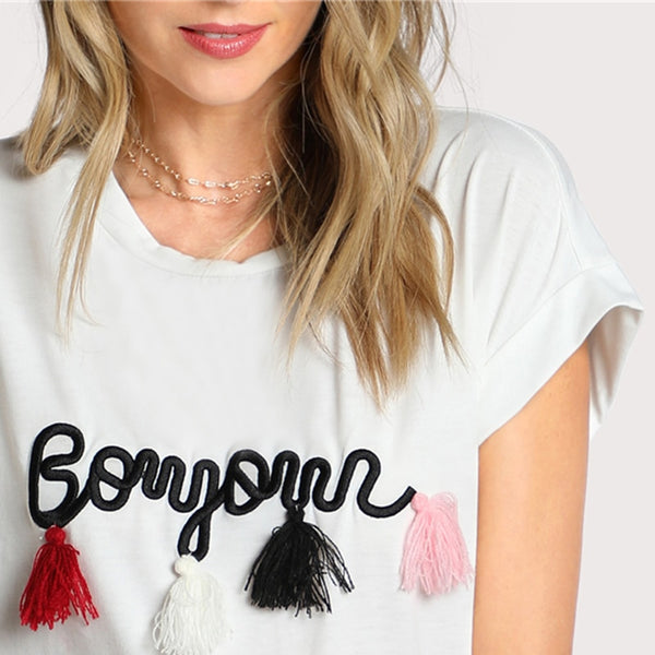 O-neck Tassel Detail Embroidery Dolman T-Shirt