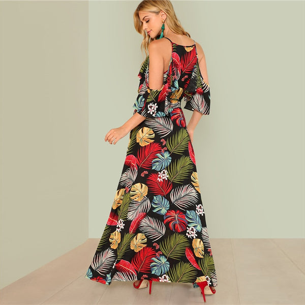 Boho Floral Print Deep V Neck Open Shoulder Maxi Dress
