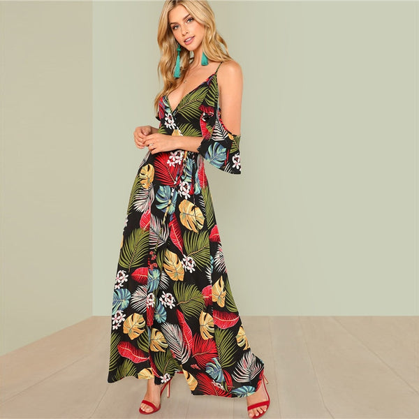 Boho Floral Print Deep V Neck Open Shoulder Maxi Dress