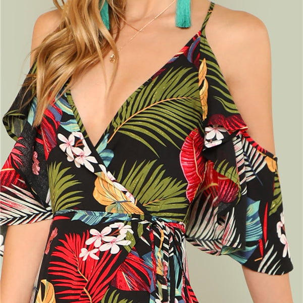 Boho Floral Print Deep V Neck Open Shoulder Maxi Dress